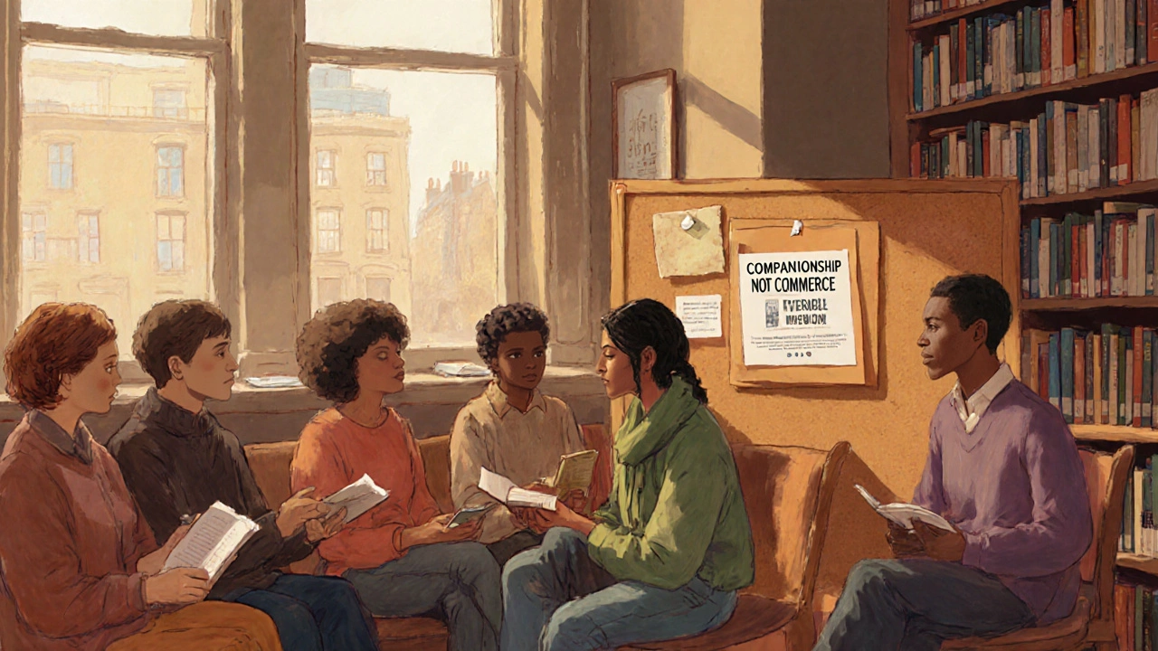 People gather quietly in a library corner, sharing a moment of community and calm.