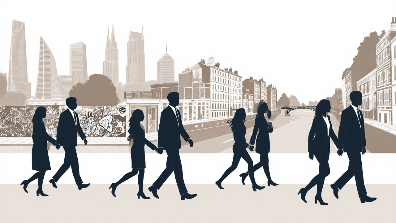 Silhouettes of a companion and client moving through iconic London districts, symbolizing adaptability and quiet presence.