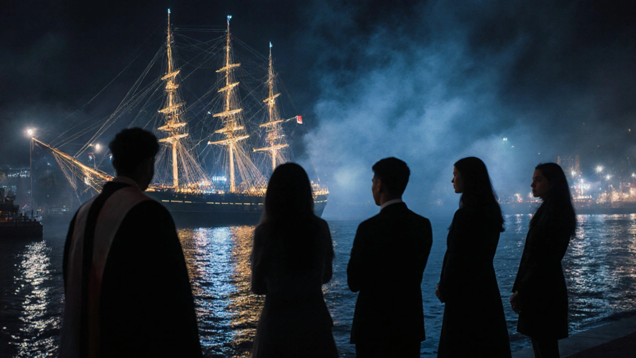 Silhouettes of individuals stand near the illuminated Cutty Sark at night, surrounded by mist and soft river light.