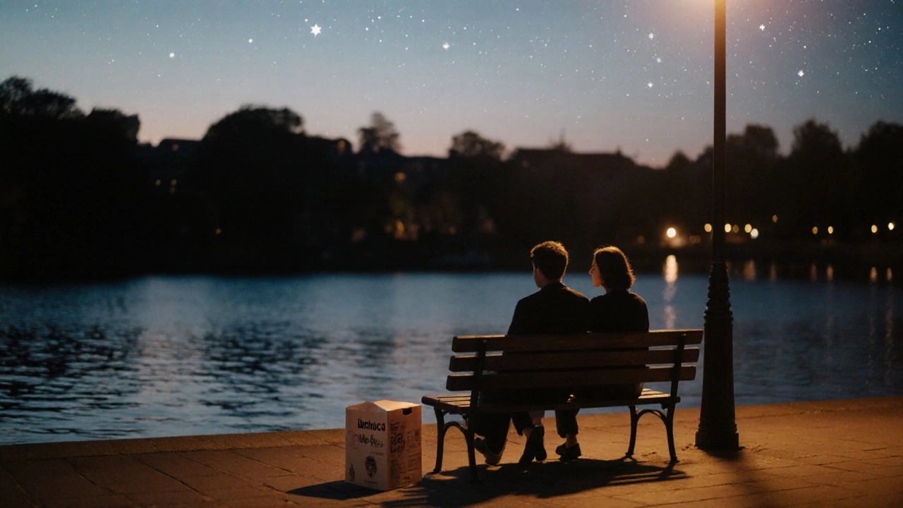 Silhouettes of two people sitting peacefully by South Norwood Lake at twilight, under a streetlamp.