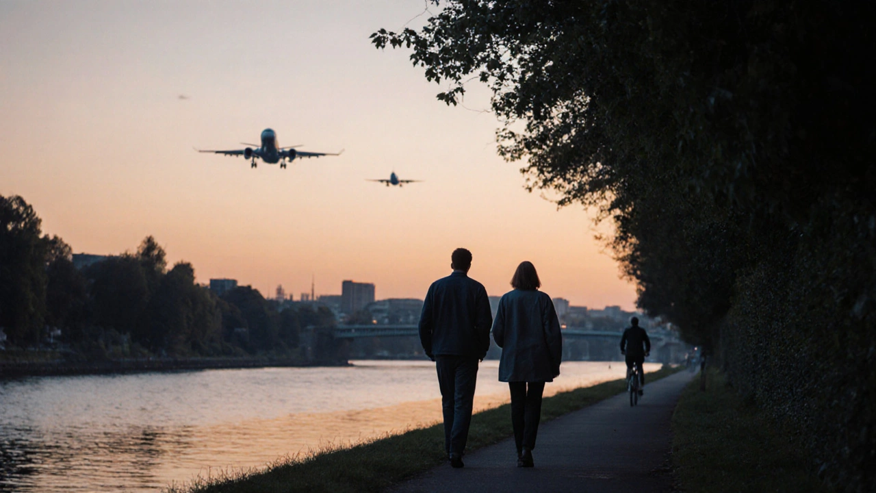 Silhouettes walking along the Thames Path at dusk, distant airport lights, peaceful and anonymous.