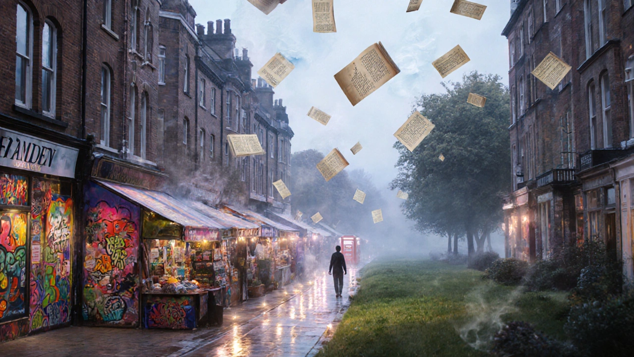 Surreal fusion of Camden and Hampstead landscapes connected by a glowing path.