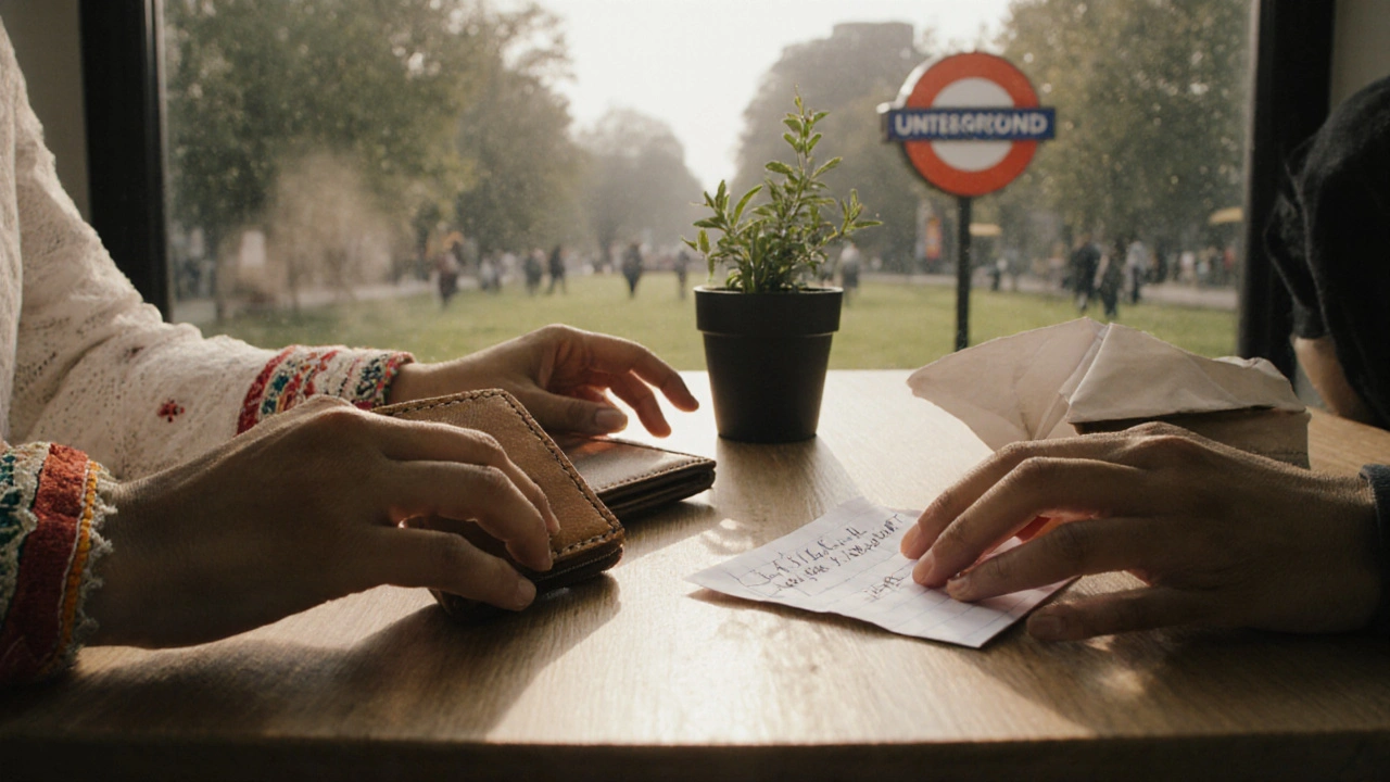 Three symbolic objects on a wooden table—wallet, herb plant, and note—representing diverse, respectful connections.