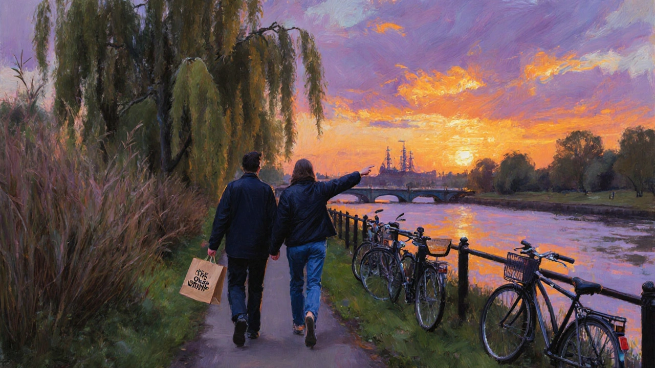 Two figures walking peacefully along the Thames Path at dusk, silhouetted against a warm sunset sky.