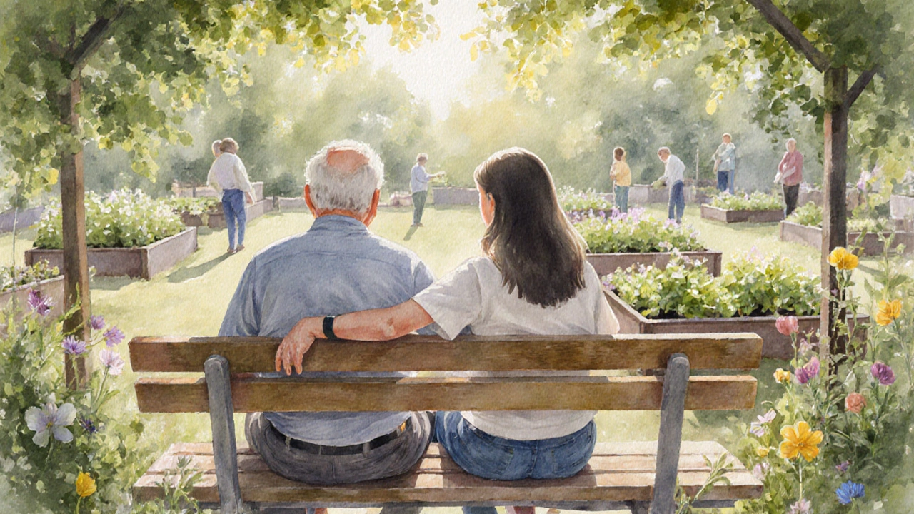 Two individuals sitting quietly together in a Hackney community garden, surrounded by flowers and afternoon light.