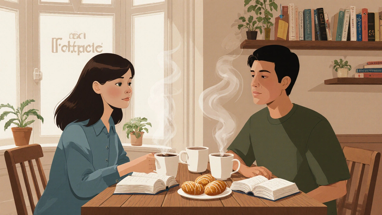 Two people from different cultures share tea and conversation in a cozy Barnet café, books and pastries on the table.
