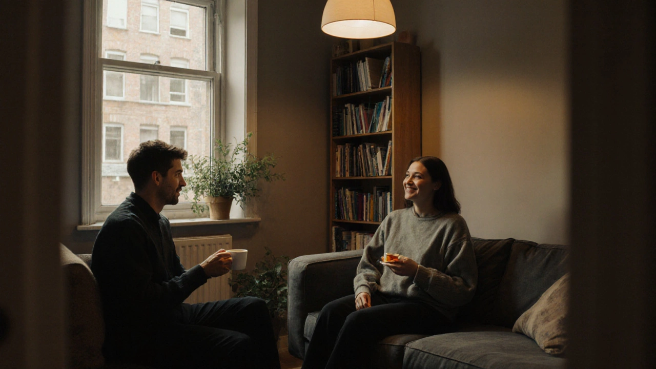 Two people having a calm, respectful conversation over tea in a cozy home setting.