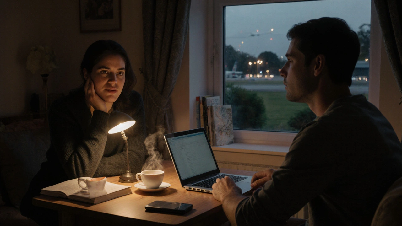 Two people having a calm tea conversation in a private home, soft lighting, no technology in sight.