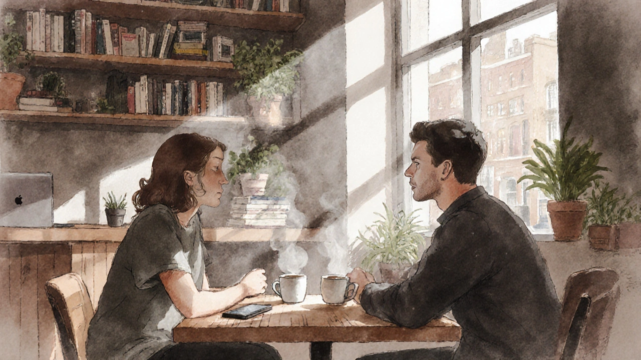 Two people share a quiet coffee in a Shoreditch café, engaged in thoughtful conversation.