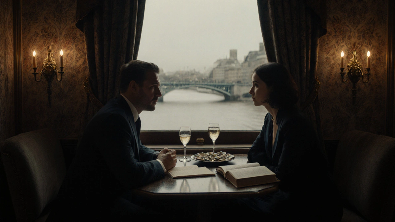 Two people share a quiet dinner by the window at the historic George Hotel, candlelight reflecting on wine glasses.