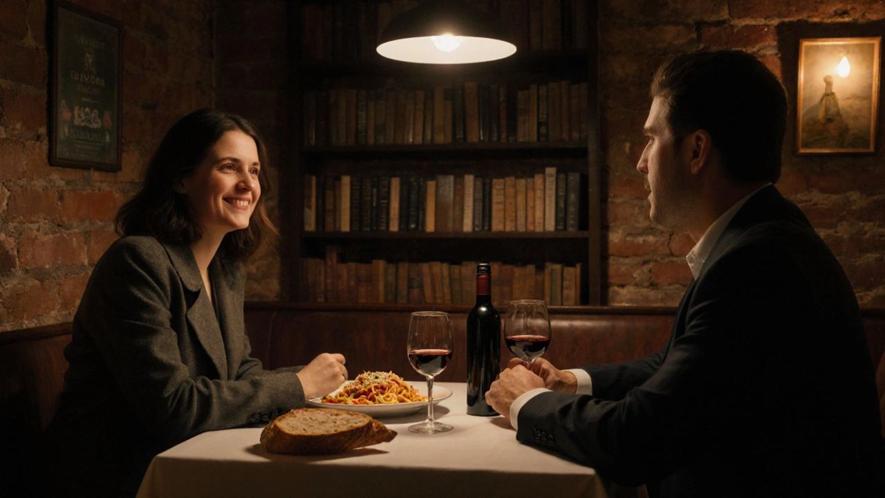 Two people share a quiet dinner in a cozy Italian restaurant in Isleworth, warm light highlighting their relaxed expressions.