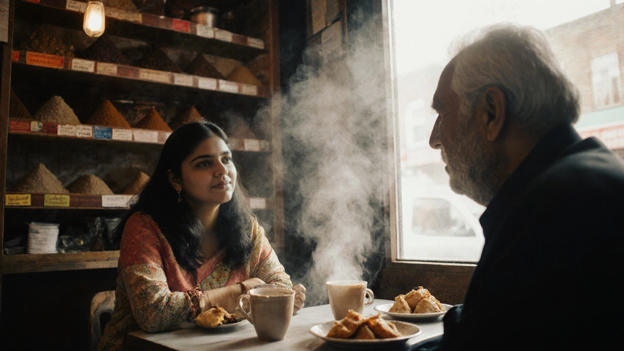 Two people share a quiet meal at a local Indian takeaway in Stratford, steam rising from chai and samosas in a warm, bustling setting.