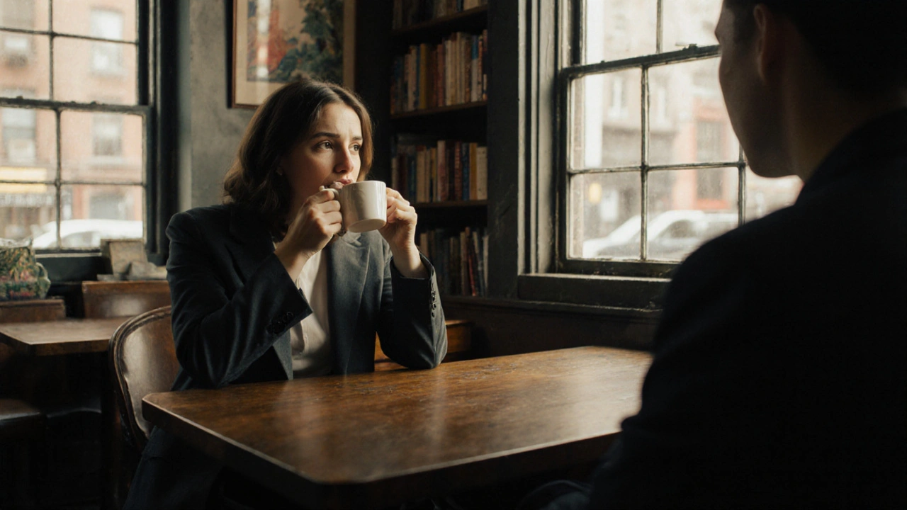 Two people share a quiet moment in a cozy Greenwich café, one listening intently, sunlight through vintage windows.