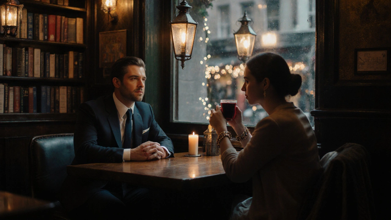 Two people share a quiet moment in a cozy London pub, candlelight glowing, mulled wine on the table.