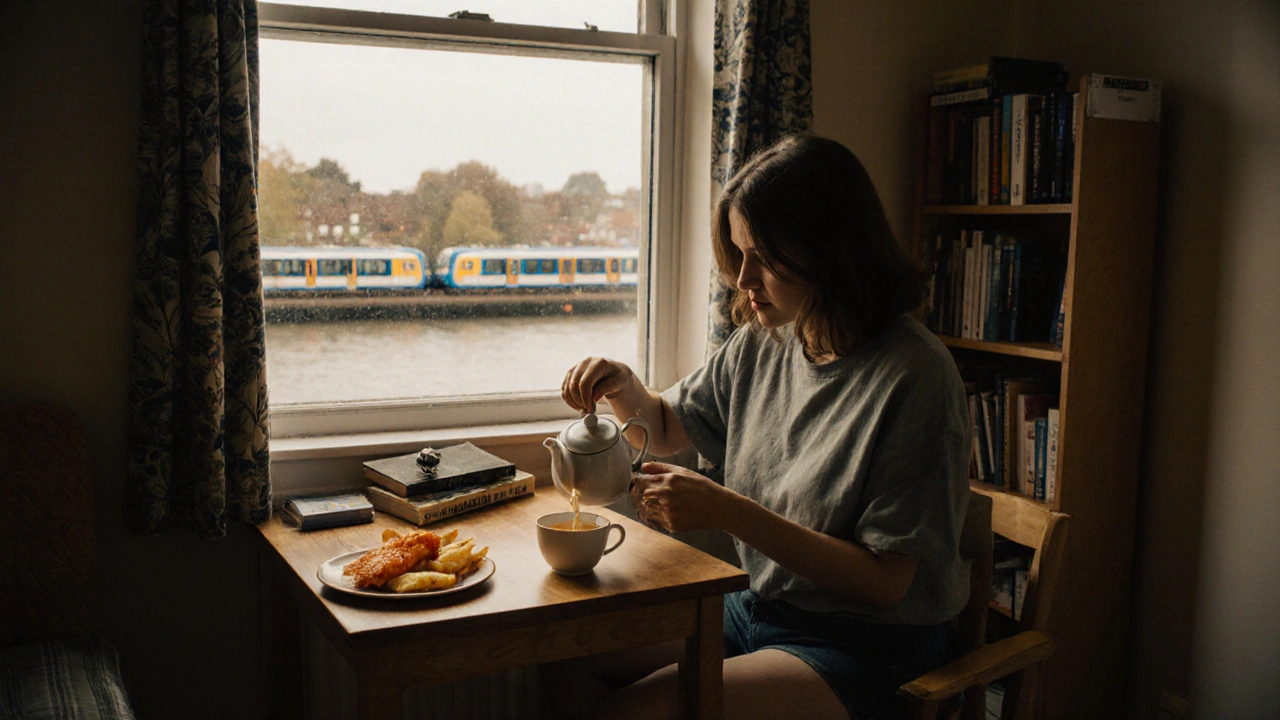 Two people share tea in a cozy living room near Woolwich Common, with a river view through the window and casual dinner dishes on the table.