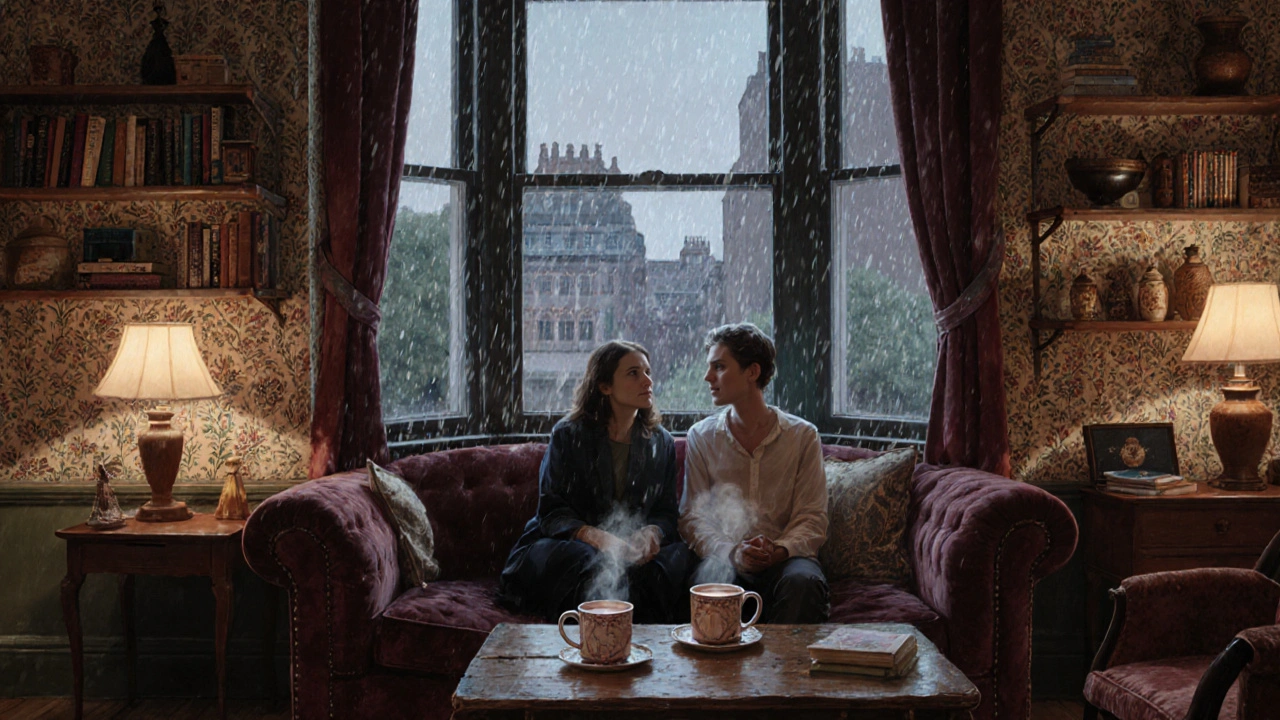 Two people sharing tea in a cozy Victorian flat with warm lamplight and Morris wallpaper.