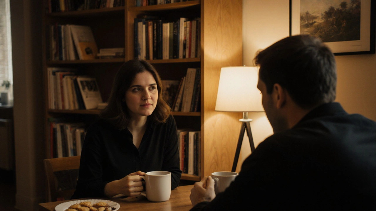 Two people sharing tea in a warm, book-filled apartment, lost in quiet conversation.