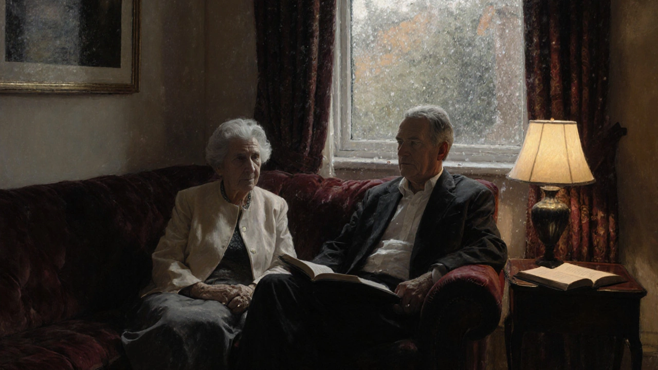 Two people sit in quiet companionship in a Highgate apartment, sharing silence by lamplight.