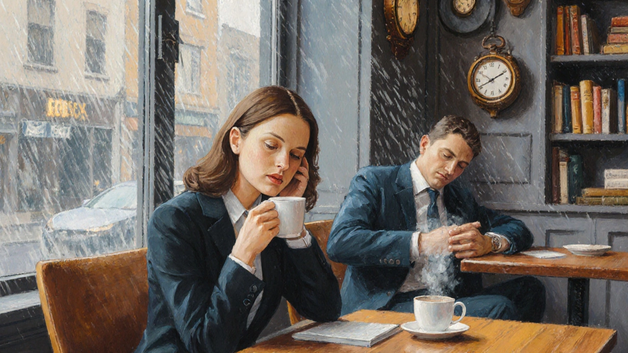 Two people sit quietly in a cozy Eltham café, one listening intently as steam rises from their cups, rain streaking the window behind them.