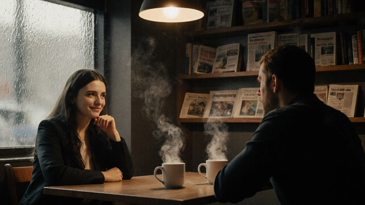 Two people sit quietly in a cozy Enfield café, steaming mugs between them, rain on the window behind.