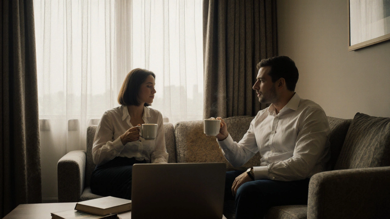 Two people sitting calmly in a hotel room, sharing tea and books in quiet companionship.