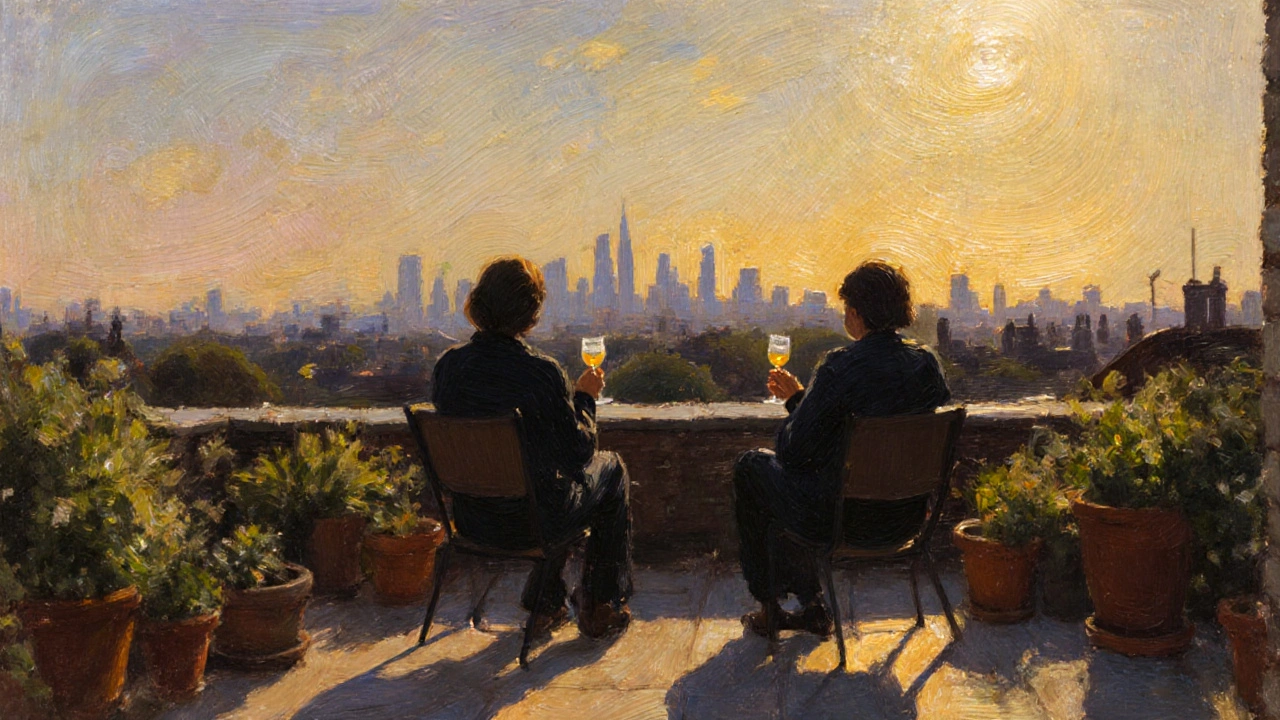 Two silhouettes on a rooftop terrace at dusk, overlooking London&#039;s skyline in golden hour light.