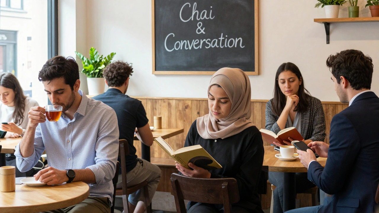 A calm coffee shop in Southall Park where people sit quietly, sharing tea and silence without phones.