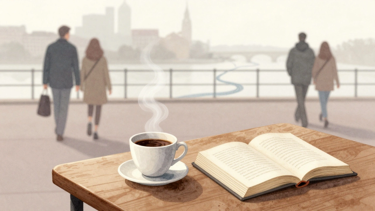 A coffee cup beside an open book, with steam forming the shape of the Thames and Prime Meridian in soft watercolor.