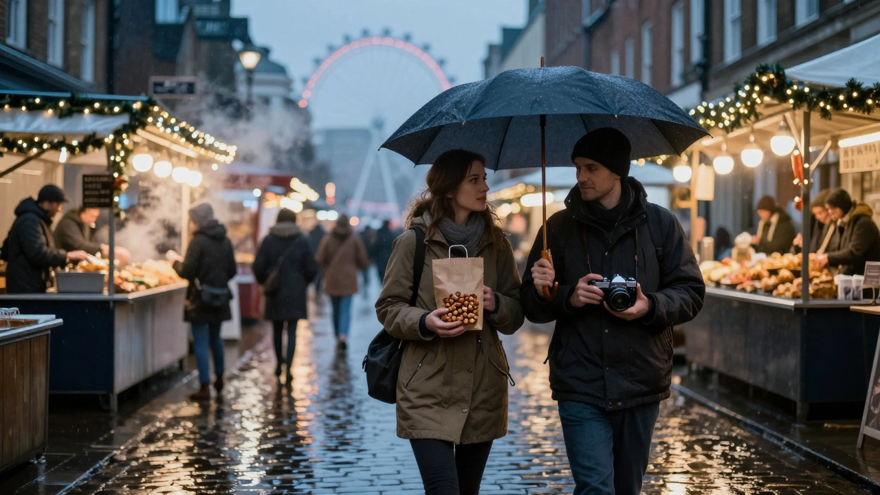 A couple walking together under an umbrella in Borough Market during a rainy December evening, Christmas lights glowing above.