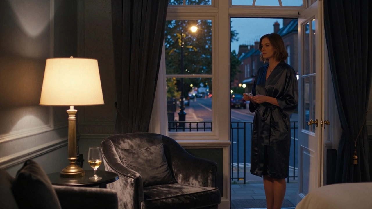 A discreet hotel room in Palmers Green at twilight, serene and private.