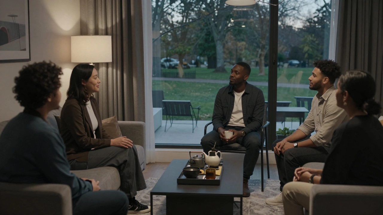 A discreet, intimate gathering in a Stanmore apartment at dusk, featuring quiet conversation and subtle cultural comfort.