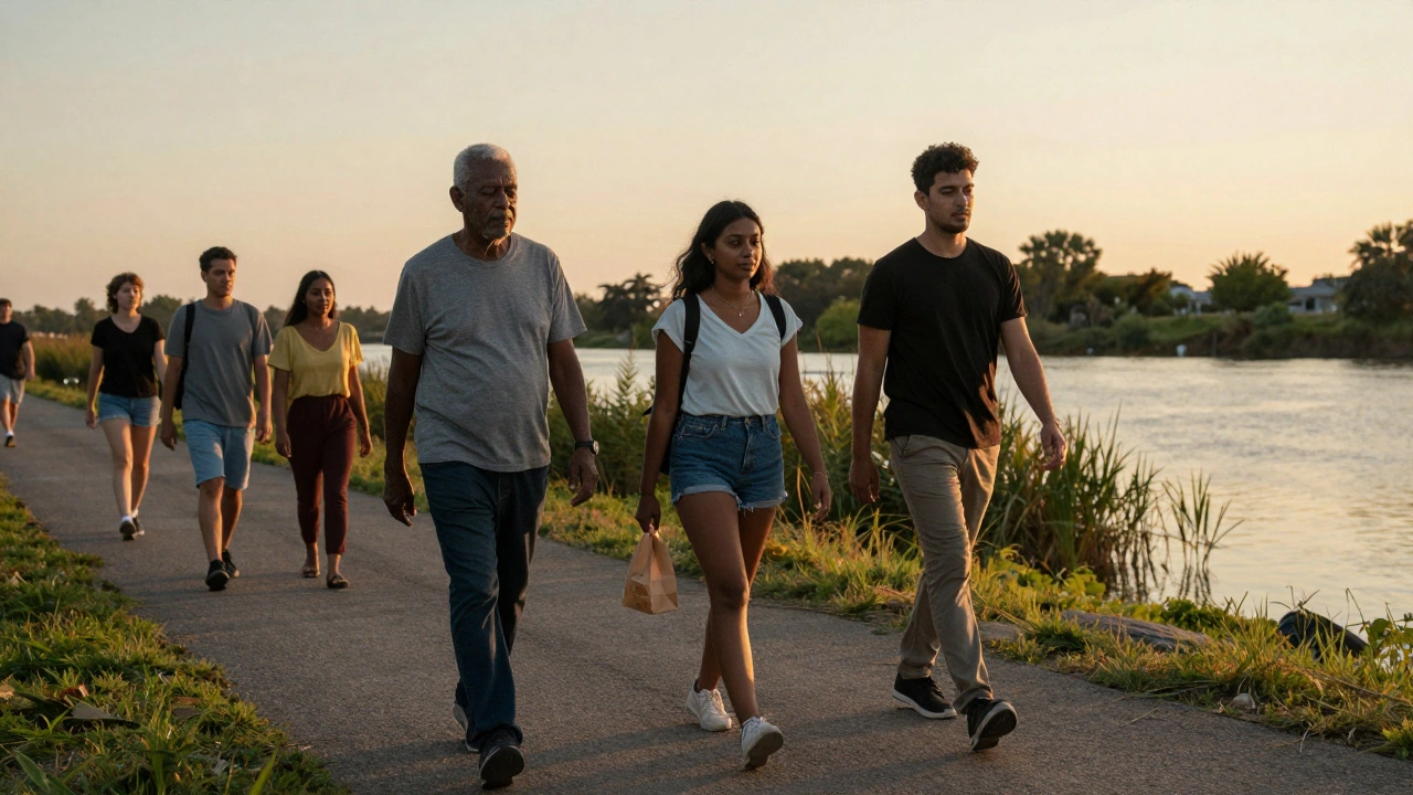 A diverse group walks peacefully along the River Roding at sunset, shadows stretching across the path.