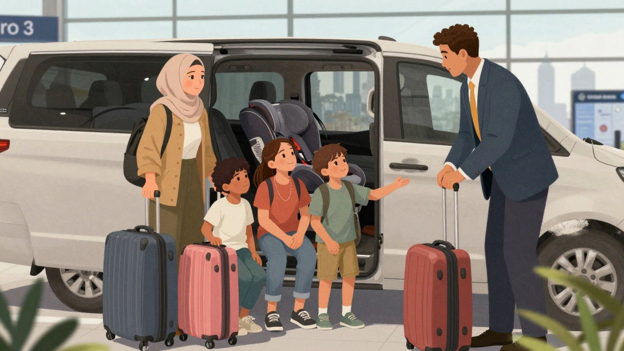 A family with children is greeted by a patient escort at Heathrow, ready with child seats and ample space.