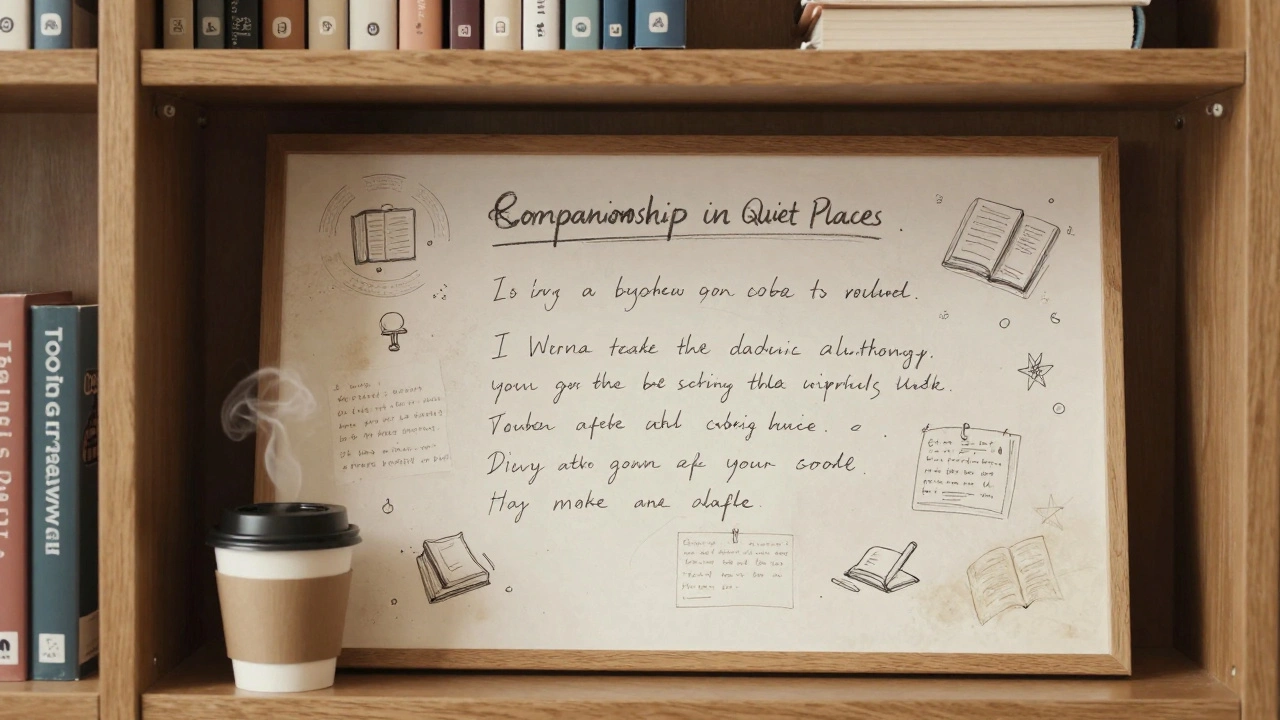 A handwritten recommendation board in Tooting Broadway Library with coffee cup and books nearby, soft warm lighting.