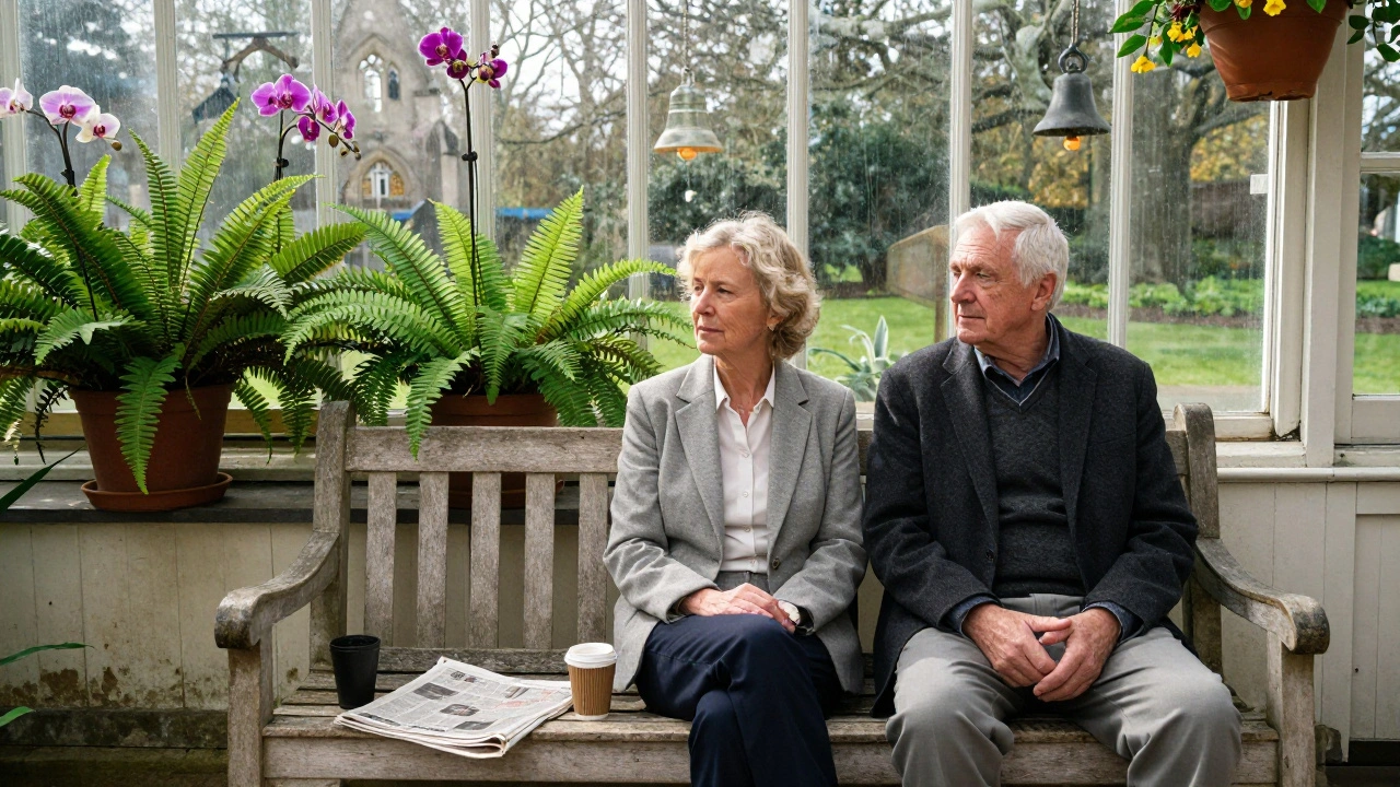 A man and woman sharing peaceful silence on a bench inside a sunlit conservatory in Pinner.