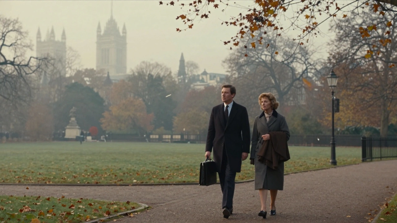 A man and woman walk silently through Hyde Park at dawn, autumn leaves falling around them in peaceful solitude.