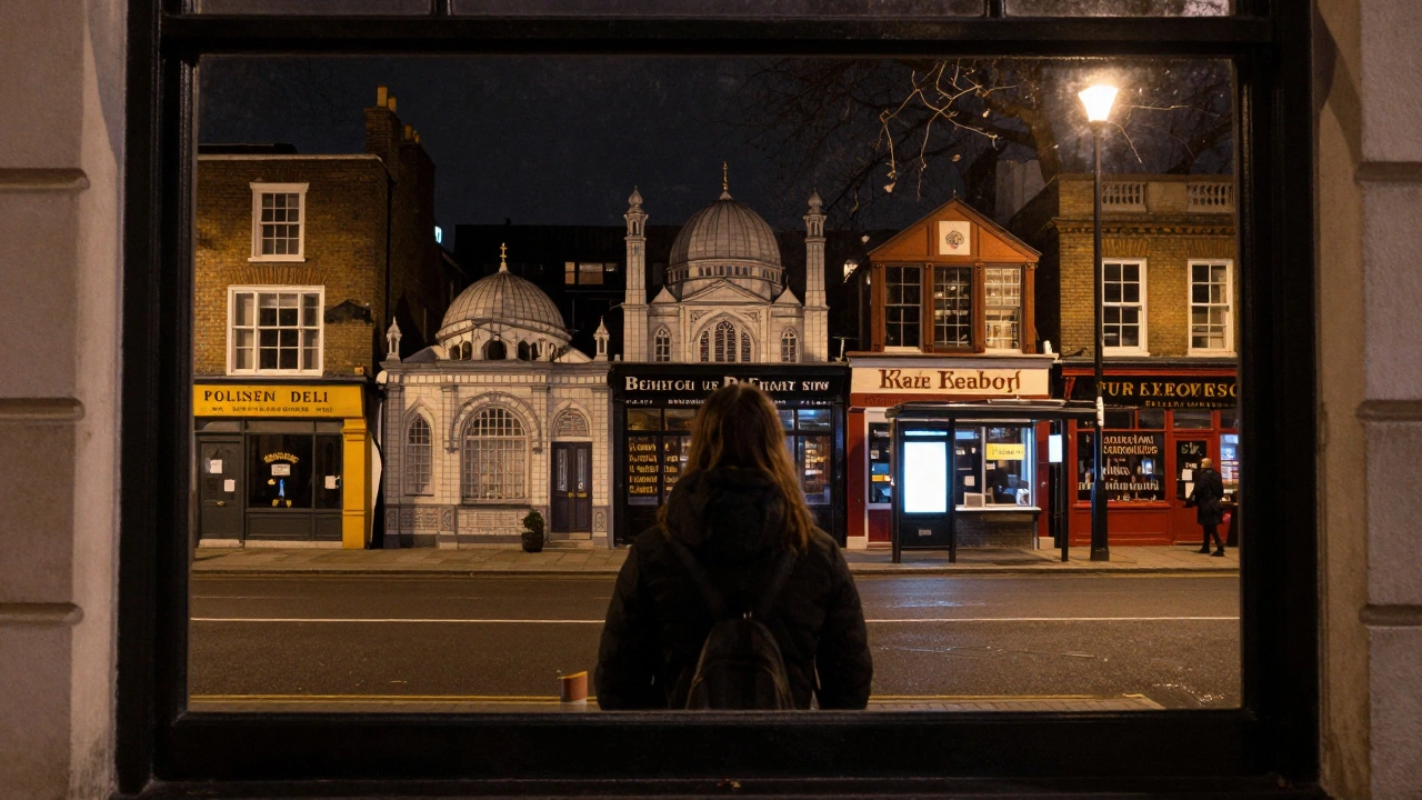 A mirror reflecting East London landmarks — deli, mosque, library, bus stop — symbolizing authentic local connection.