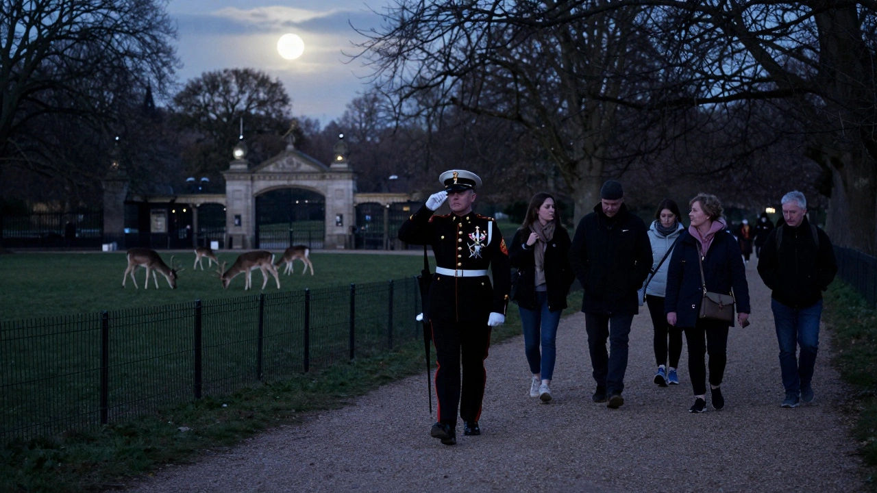 A moonlit walk in Bushy Park led by an escort, with deer grazing in the background under soft lunar light.