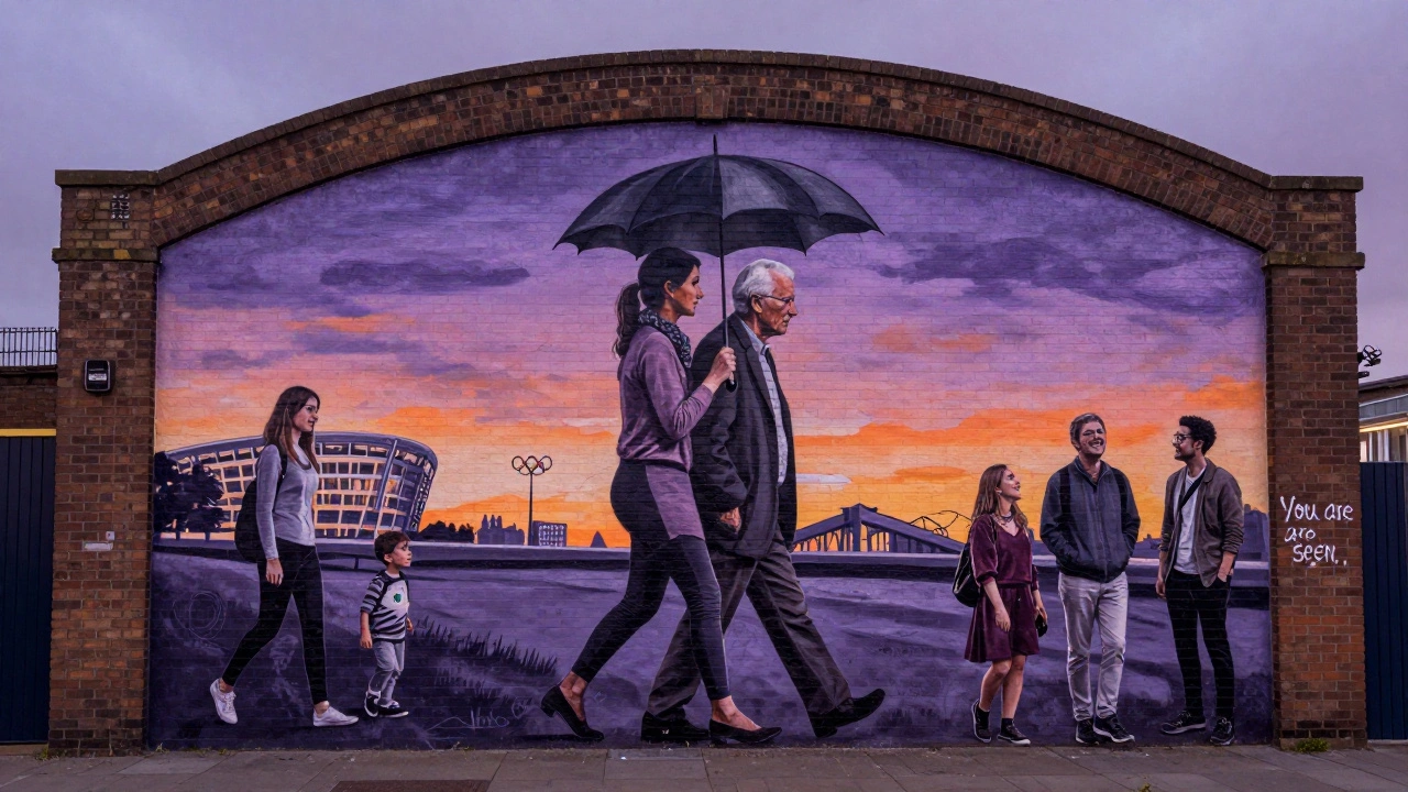 A mural shows a woman holding an umbrella over an elderly man near the Olympic Park, symbolizing dignity and companionship.