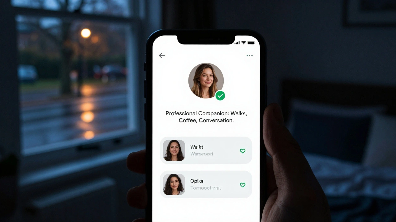 A smartphone showing a discreet companion app with verified profiles in a dimly lit room.