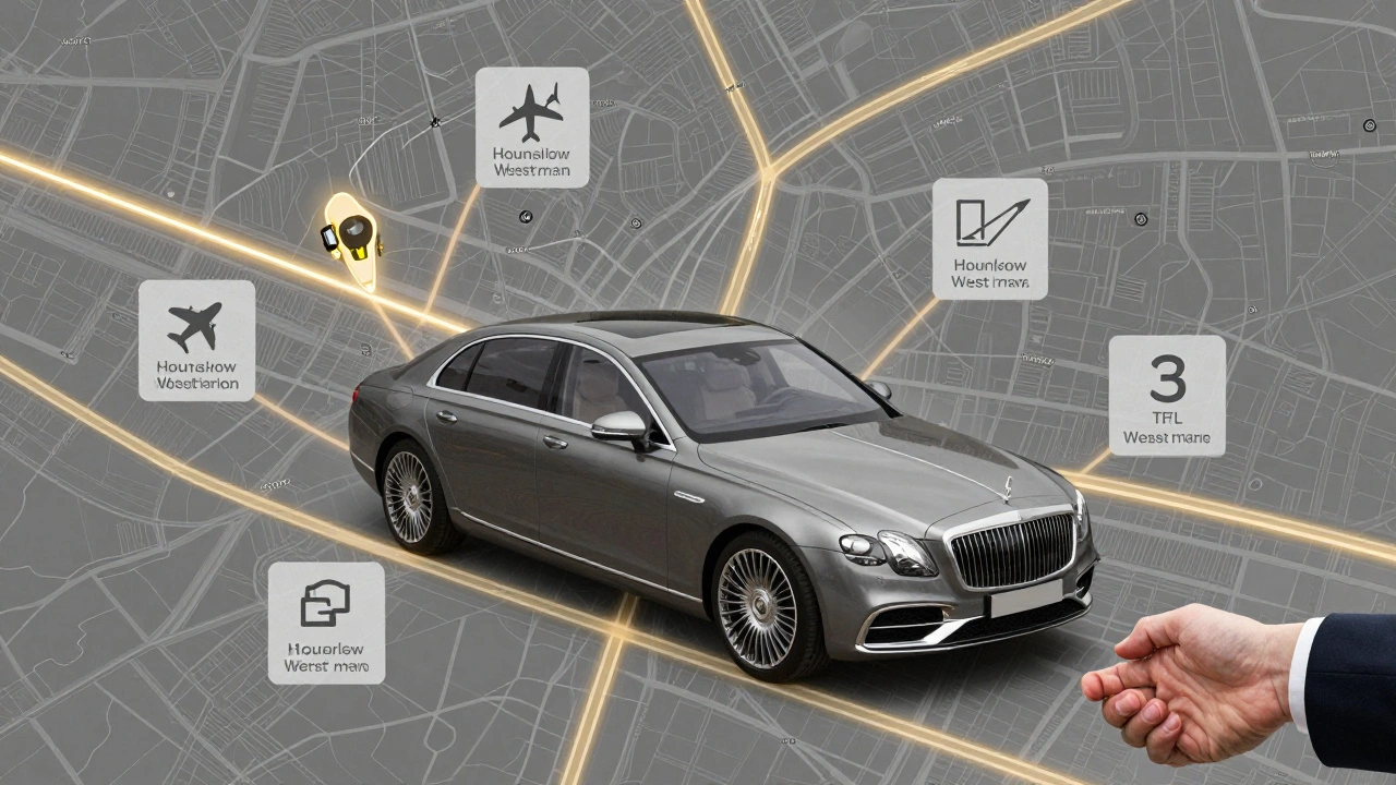 A symbolic map of London shows optimal routes and key service qualities like licensing and flight tracking.