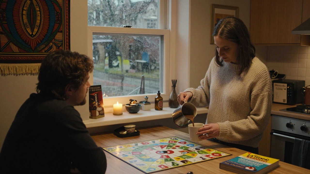 A warm kitchen scene with two people sharing hot chocolate and a board game, cultural details visible in the decor.