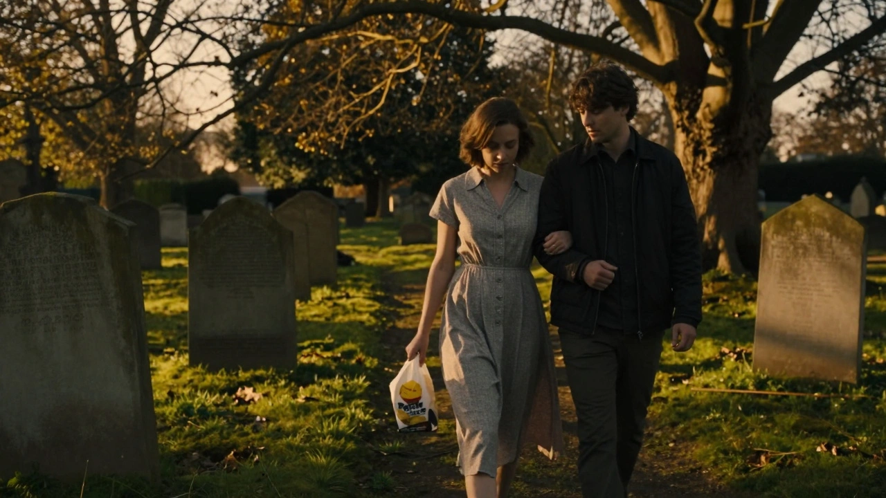 A woman and companion walking through Highgate Cemetery at sunset, holding a takeaway bag, golden light filtering through trees.