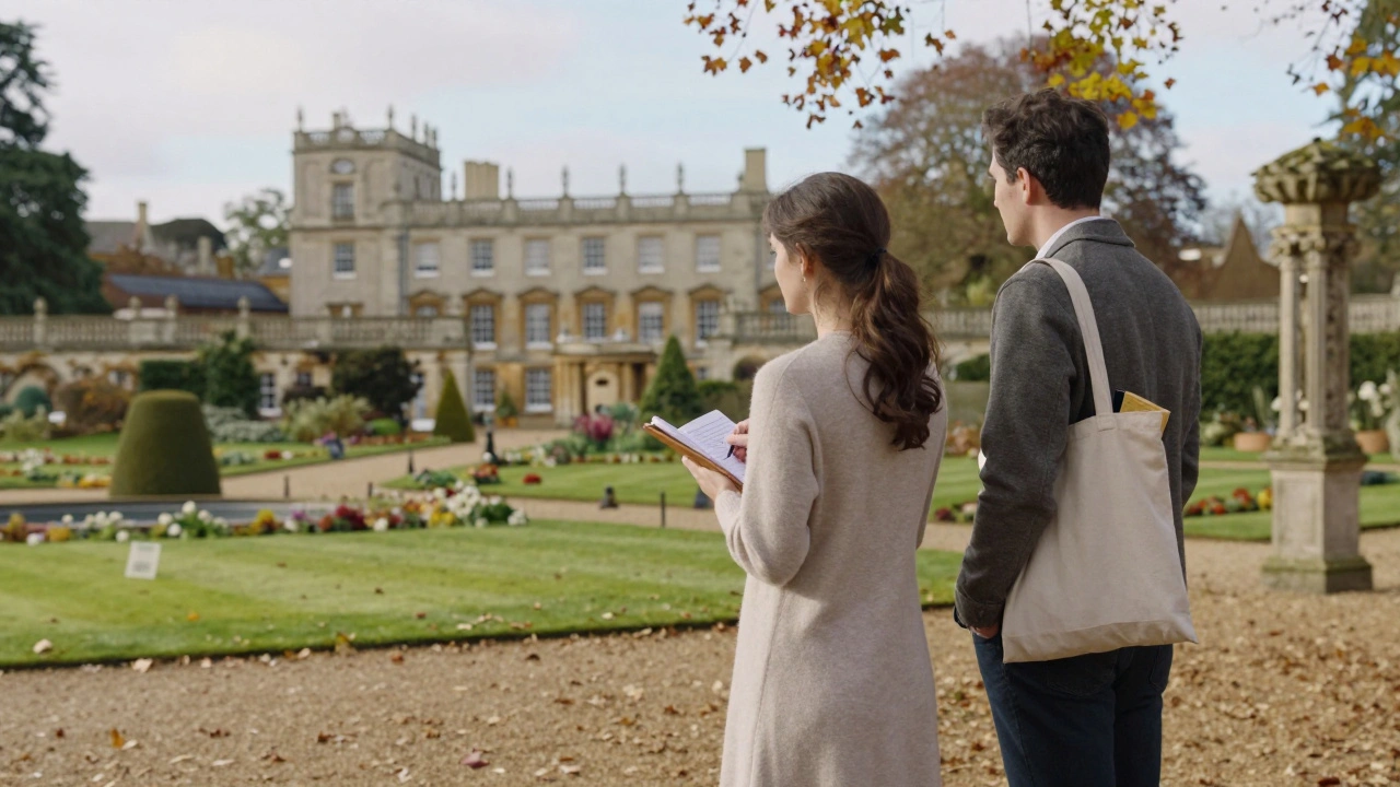 A woman and man enjoy a calm afternoon in Syon Park, surrounded by autumn trees and historic architecture.