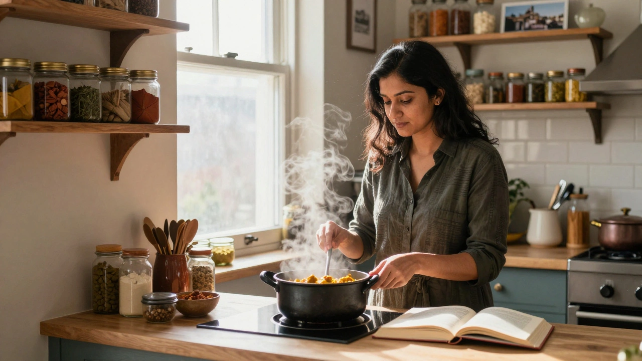 A woman cooks a meal in a cozy Leyton kitchen, steam rising from curry, shelves filled with spices and a museum photo on the wall.