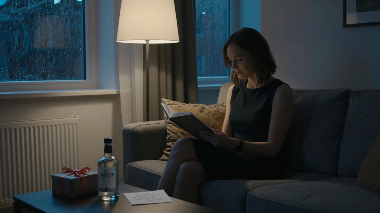 A woman reading alone in a softly lit apartment, a thoughtful gift on the table.