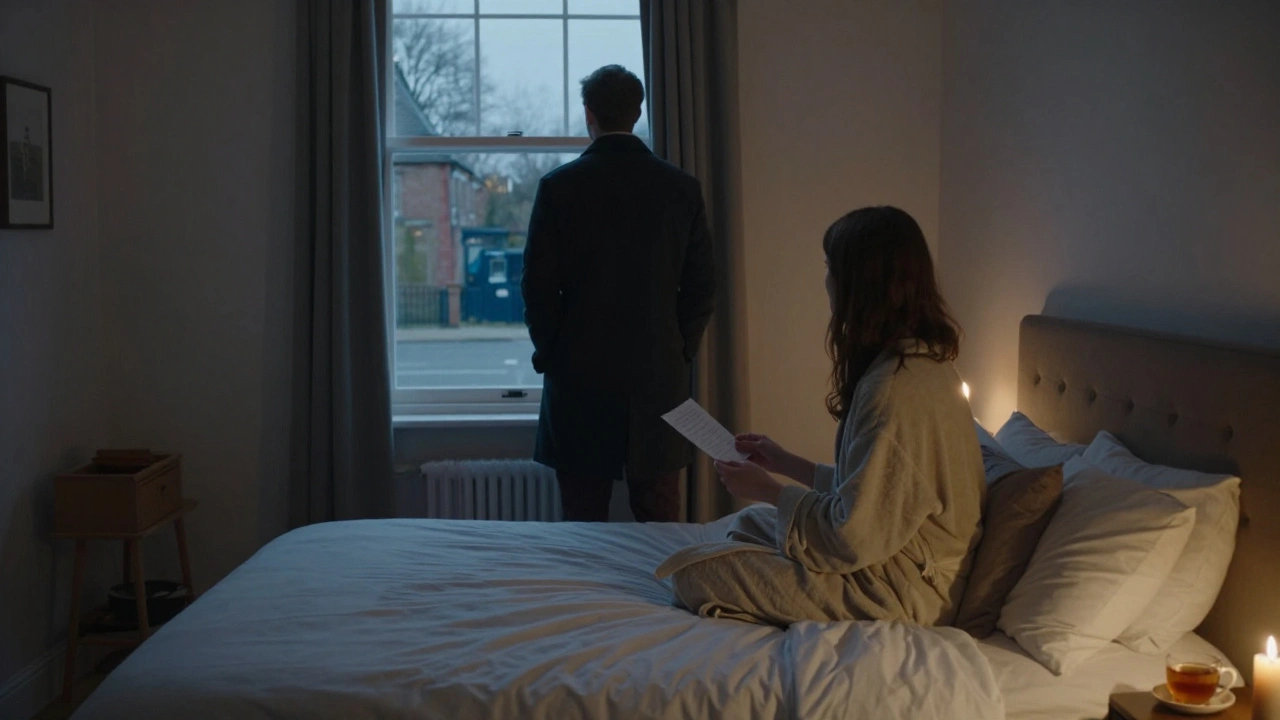 A woman sits on a bed in a modest apartment, holding a note, while a man looks out the window at dusk.