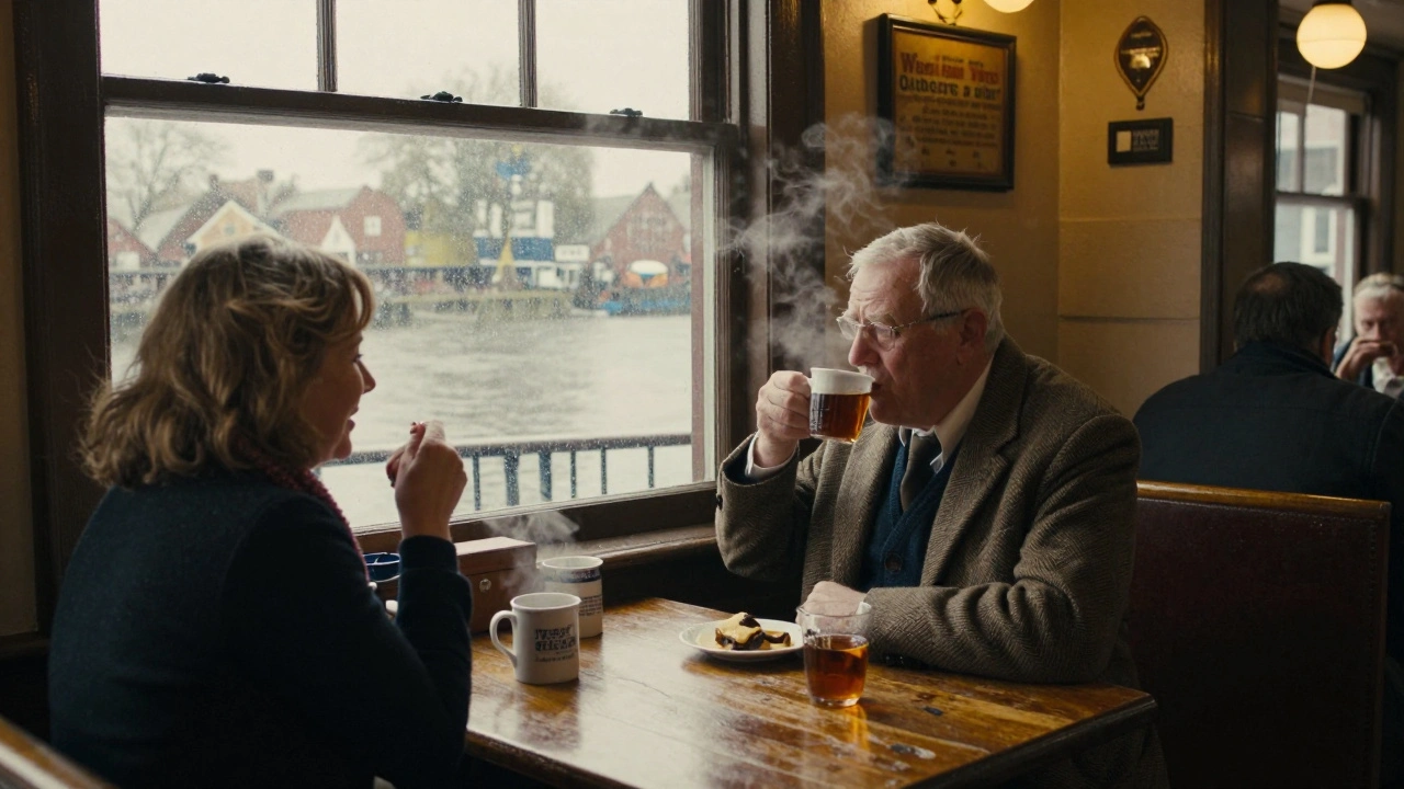 An elderly man and woman sharing tea in a cozy pub booth, gazing out at the river in silent companionship.