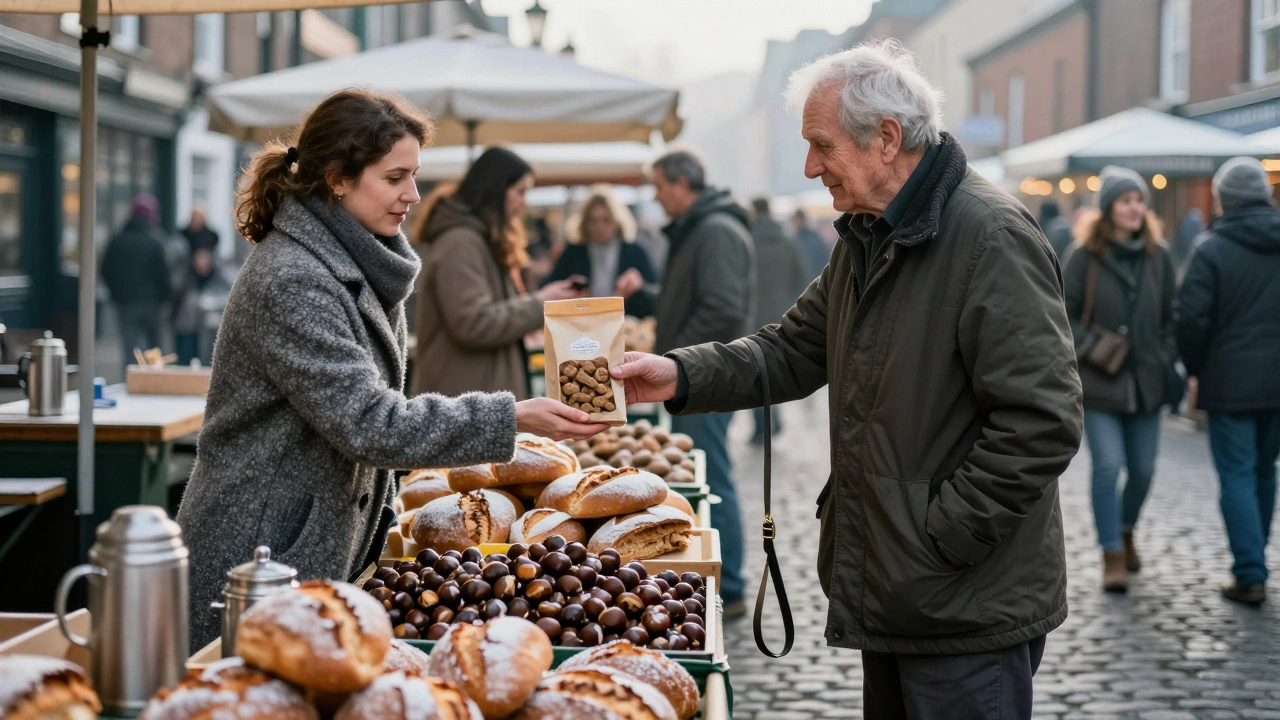 An elderly man receives dog treats from a woman at Woolwich Market, frost on the ground, autumn stalls behind them.