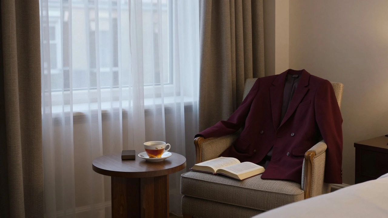 An empty, elegant hotel room with tea and a book, conveying quiet companionship.